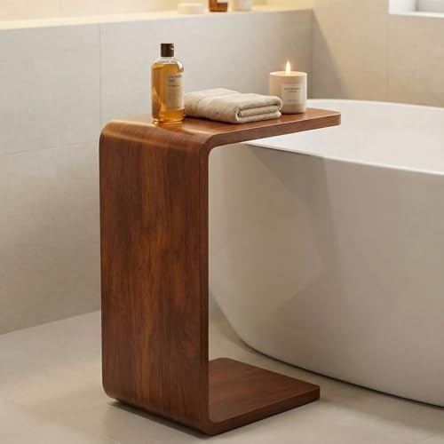 C Shaped End Table for Couch - Wooden Sofa Side Table, Slide Under Walnut