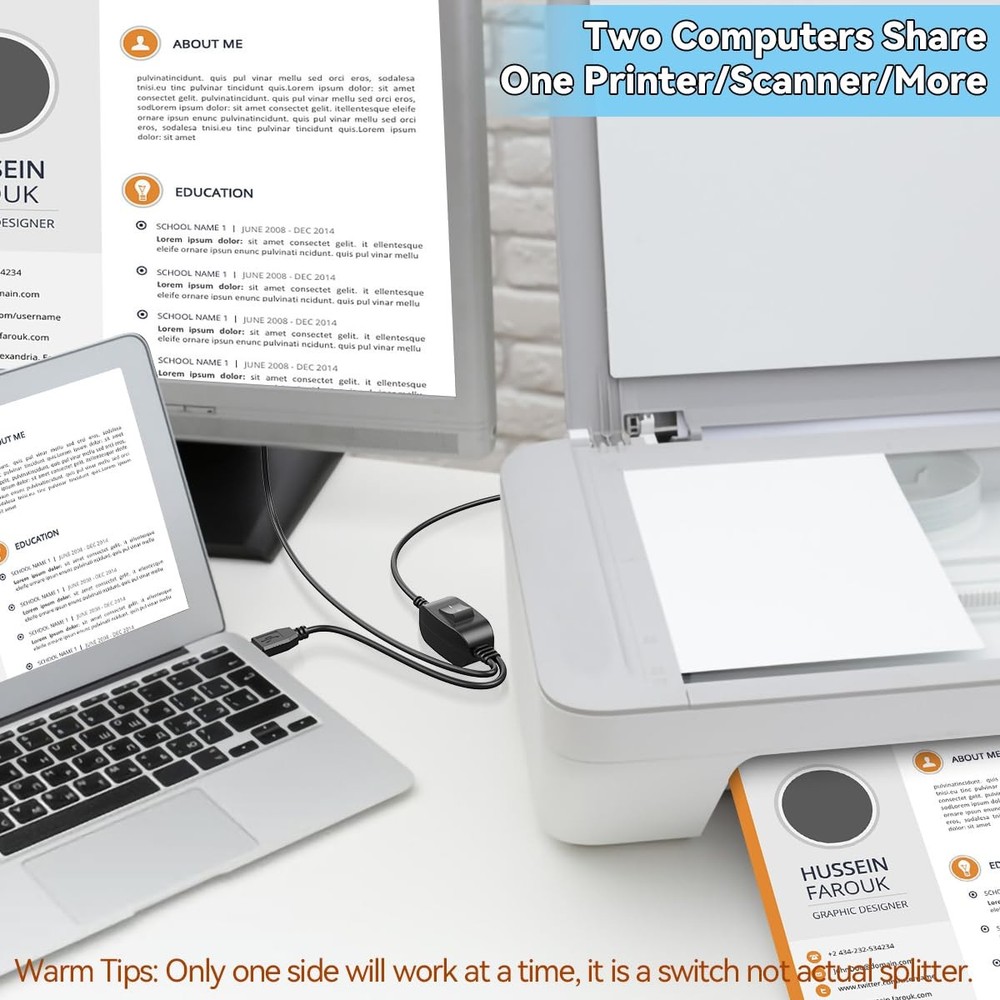 Herfair Printer Splitter for Two Computers USB A Bundled Cable, Black