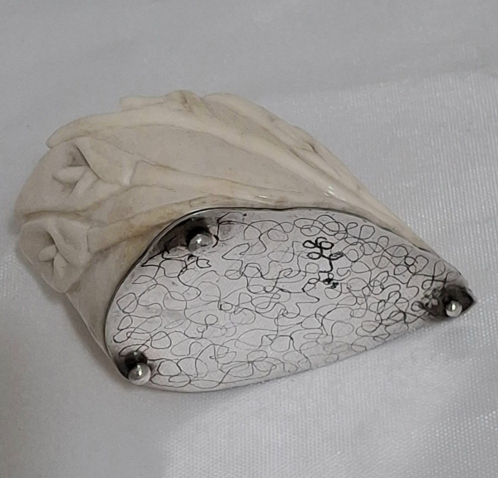 Antique Carved Bone & Solid Silver Base Cala Lilies Toothpick Holder