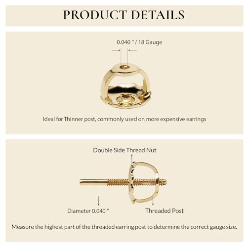 Elegant 14K Solid Yellow Gold Earring Back Replacement - Threaded Screw-On, Qual