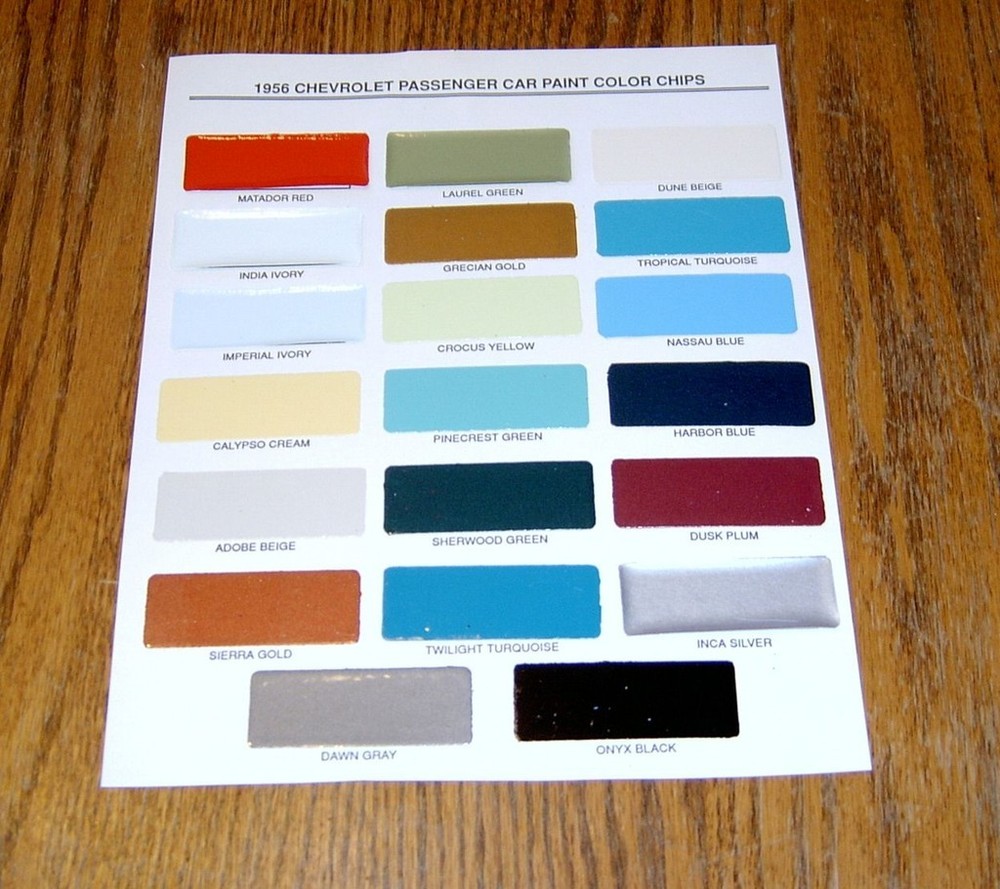 1956 CHEVY PAINT CHIP CHART ALL ORIGINAL COLORS ** USA MADE **