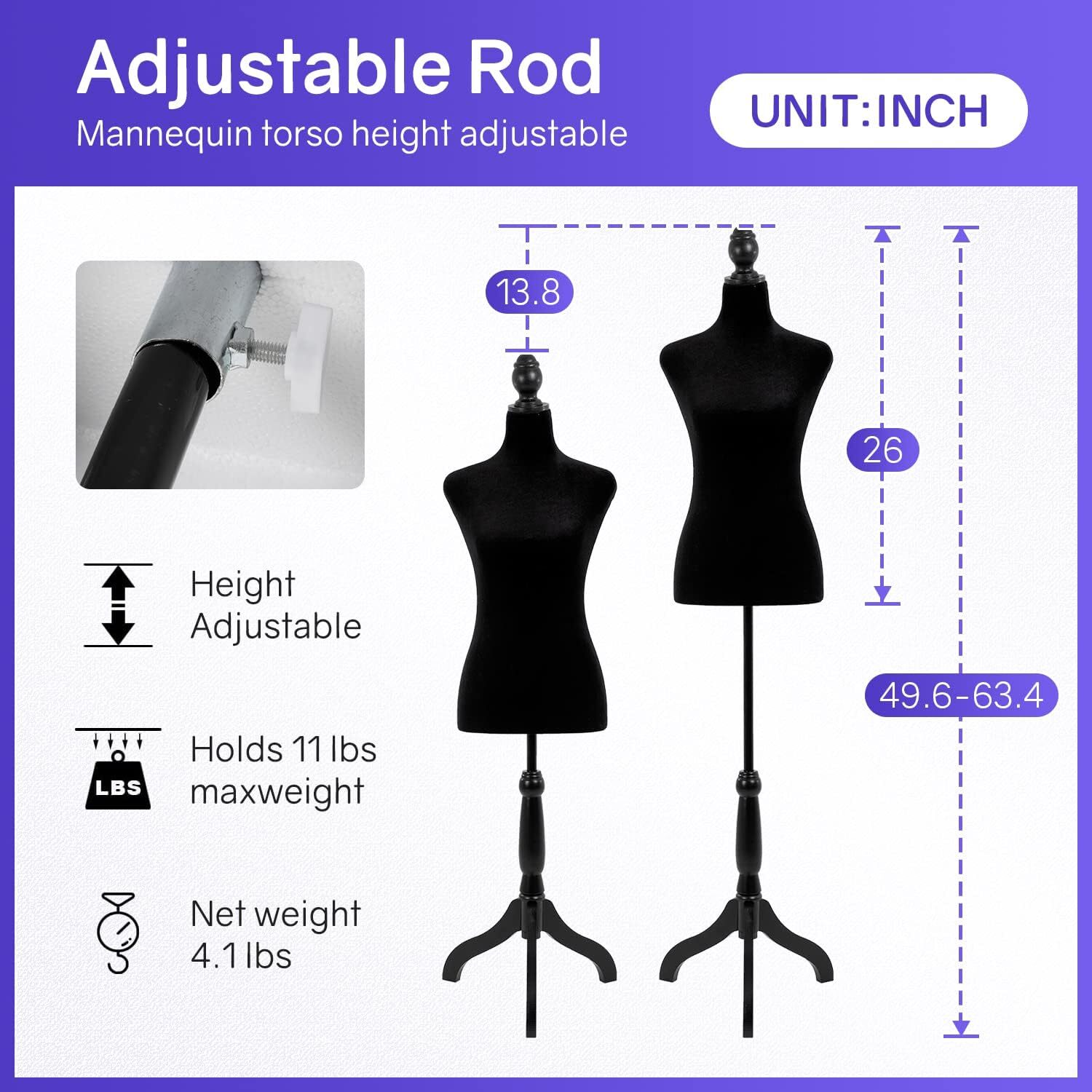 Female Mannequin, 50-63 Inch Height Adjustable Dress Form,Torso Manikin w/ Stand
