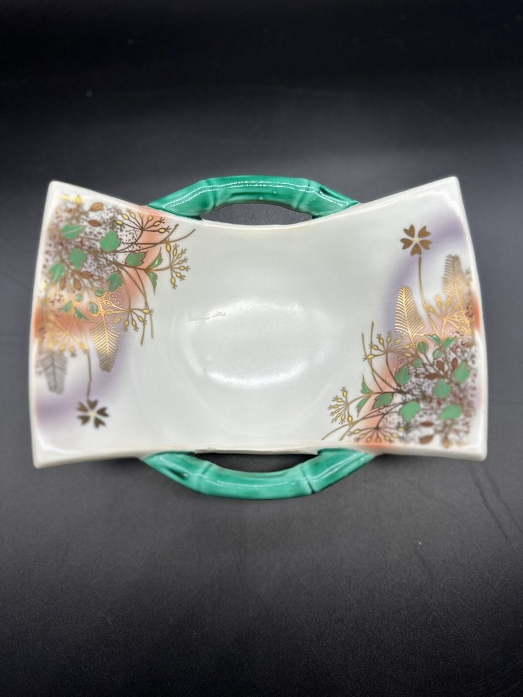 Rectangular Dish Bamboo Look Handles Hand Painted Floral Design