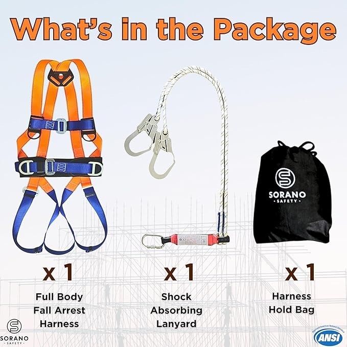 Safety Harness Fall Protection Kit, Full Body Roofing Harness with Lanyard