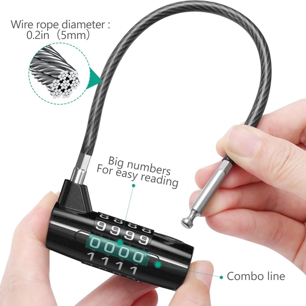 Long Shackle Combination Padlock, 4 Digit Combination Cable Lock, Resettable ...