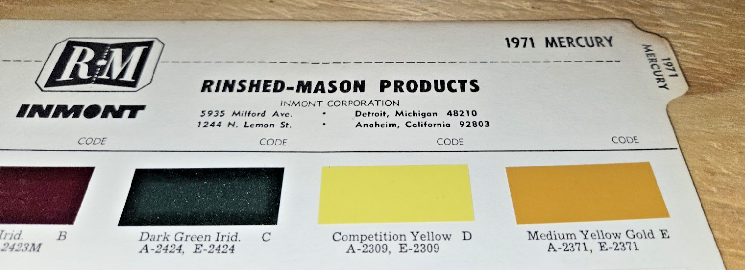 1971 Mercury Color Paint Chips chip codes RM cougar comet marquis montego chips