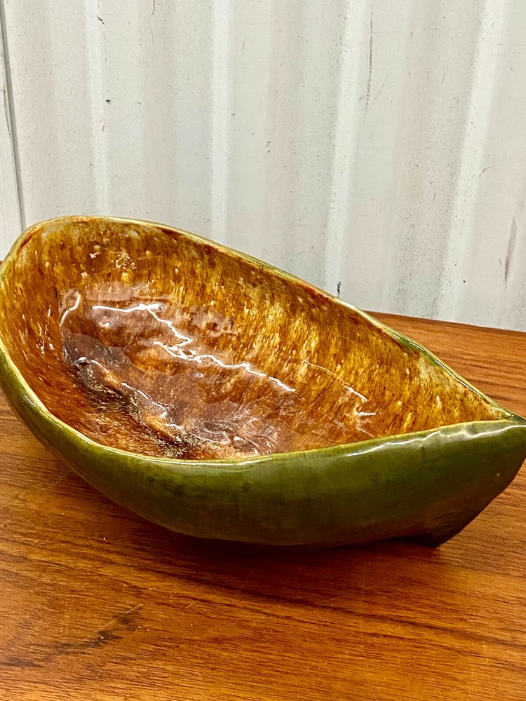 Vintage 1963 Drip Glazed Pottery Leaf Bowl / Planter Signed & Dated