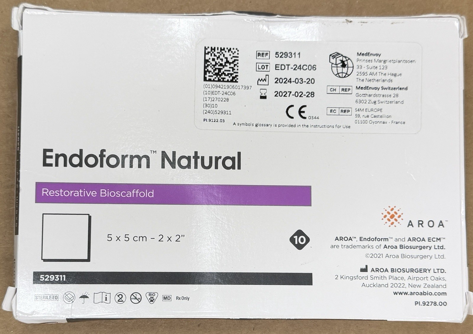 Endoform Natural Restorative Bioscaffold 2" x 2" (529311) Box of 10
