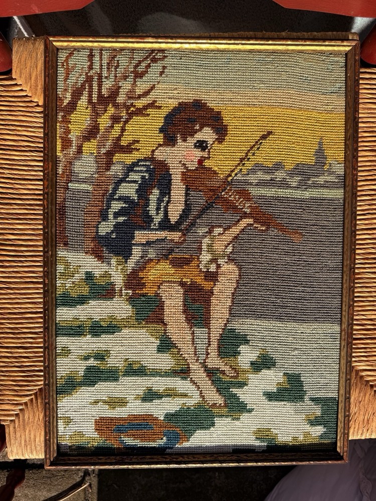 Framed Needlepoint Violin Player by River Scene