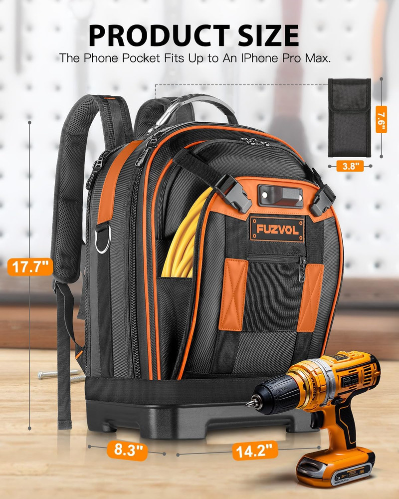 Heavy Duty Tool Backpack with Removable Organizer & Laptop Compartment, Orange
