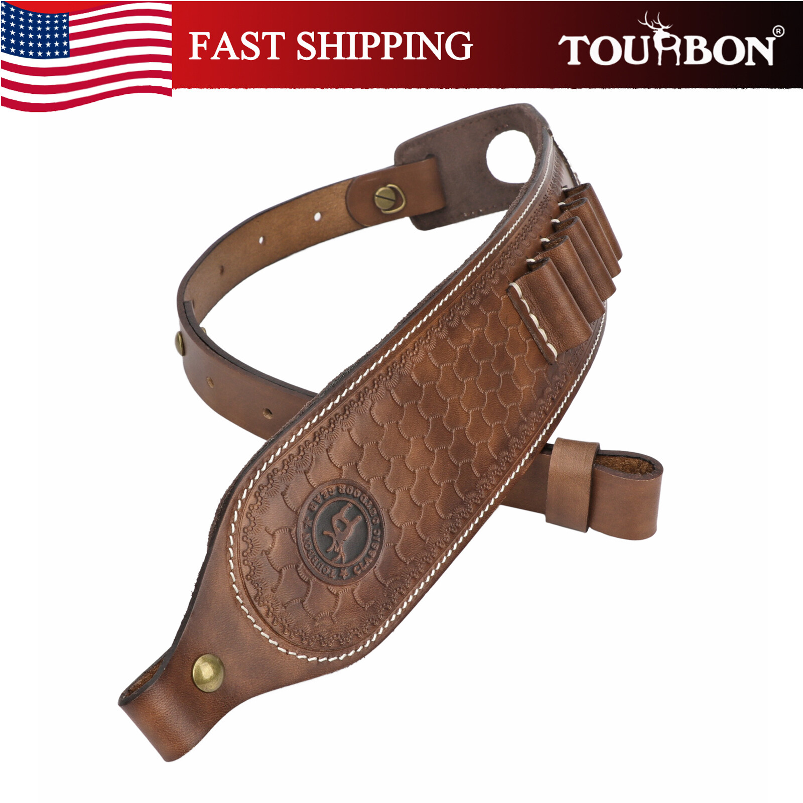 TOURBON 2 Points Genuine Leather Gun Sling Rifle Ammo Carry Strap Rest Hole