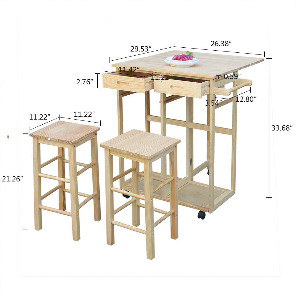 Kitchen Square Solid Wood Folding Rolling Dining Cart with 2 Free Stools Natural