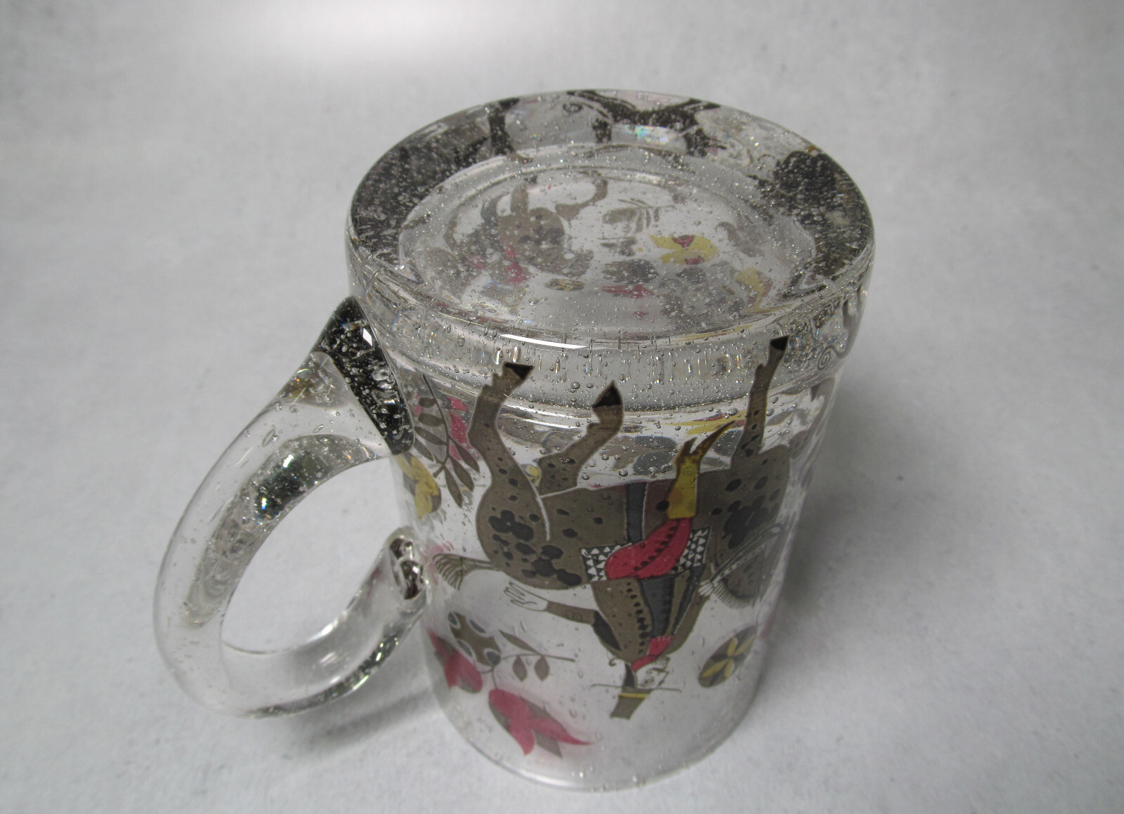 Hand Blown Glass Tankard with Men on Horseback Design Used