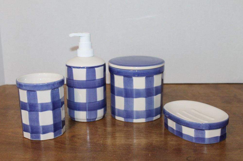 ELPA Four Piece Ceramic Bathroom Set with Blue and White Checkered Pattern