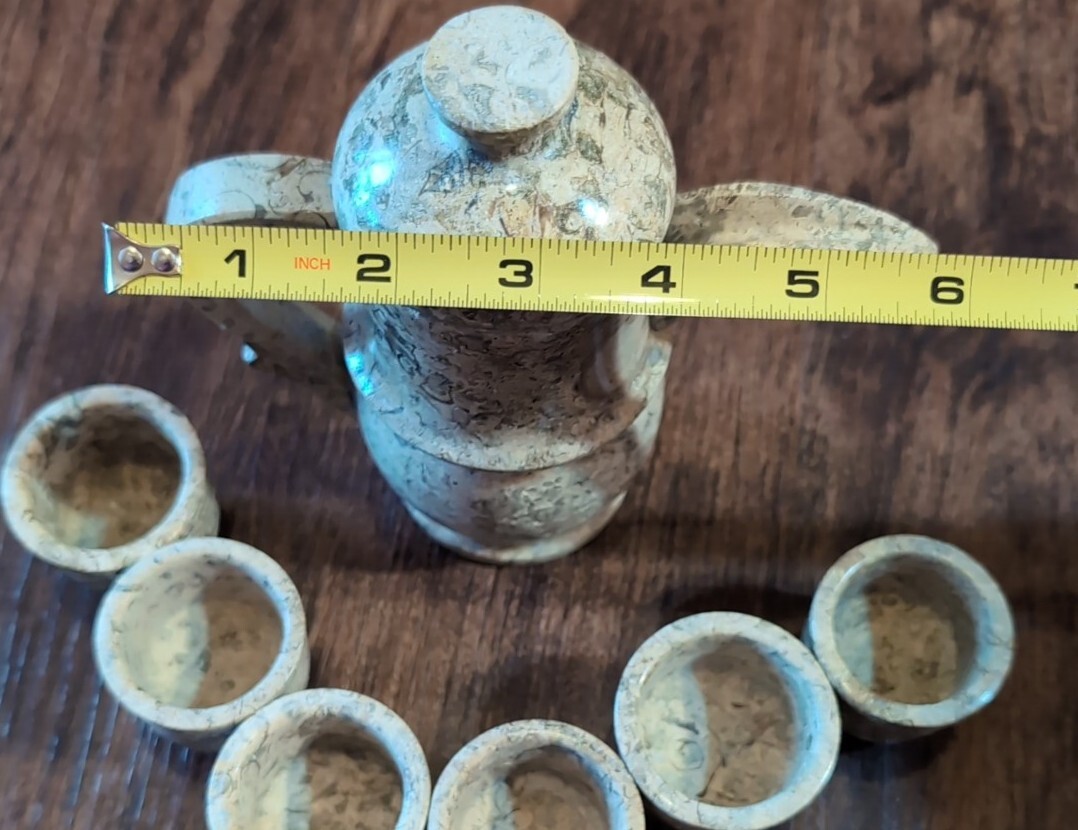 Vtg Marble Stone Tea Set: Pot + Six Cups Gray Brown Marble Patchwork