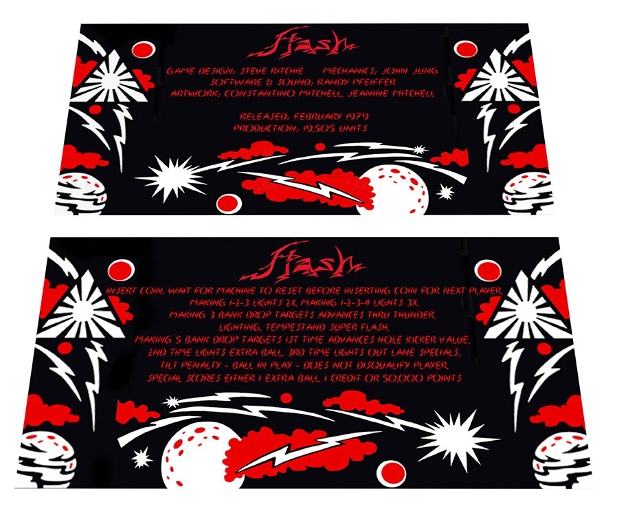 Williams Flash Pinball Custom Apron Instruction Cards