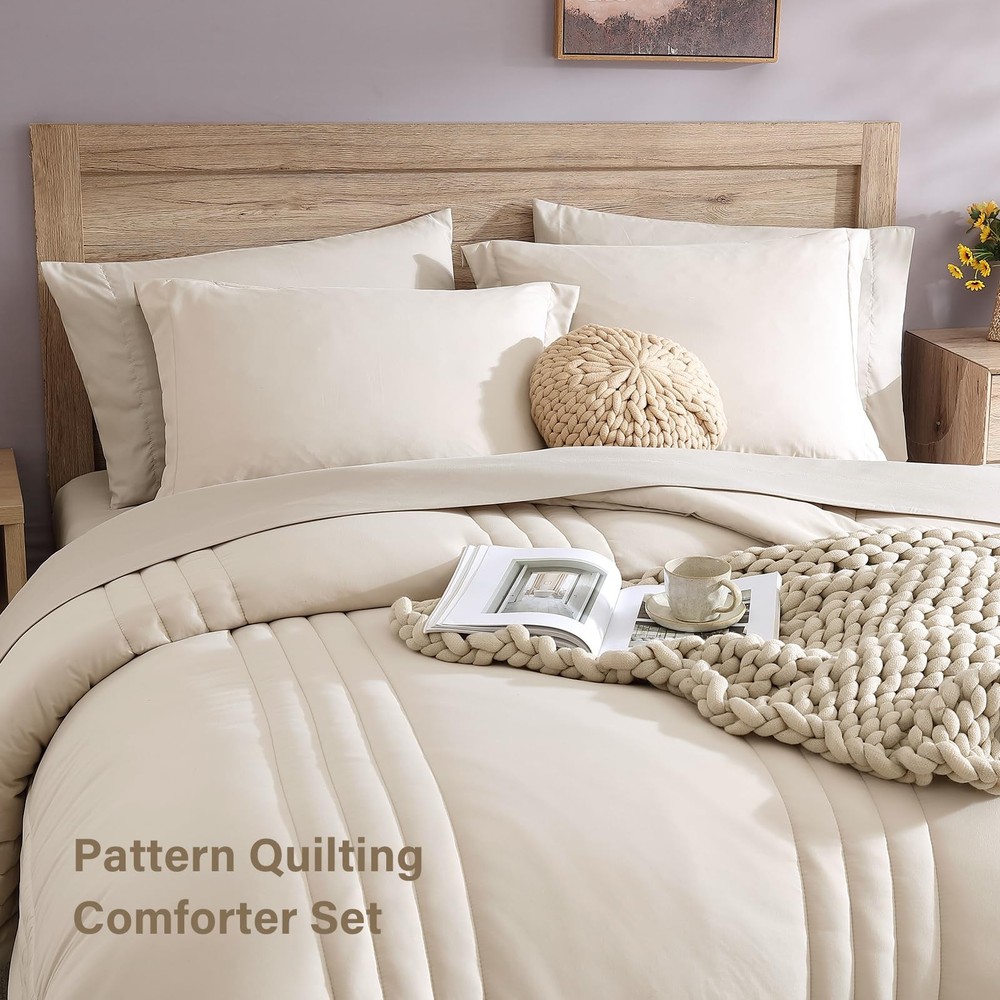 Queen Comforter Set - 7 Pieces Beige Bed in a Bag Queen Bedding Sets with Com...