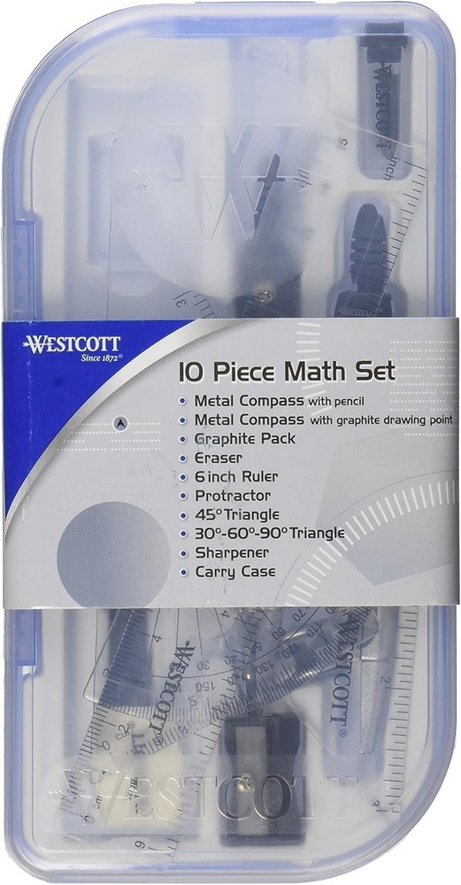 10-Piece Math Set for Students, Includes 2 Compasses, Protractor & Ruler, Bac...