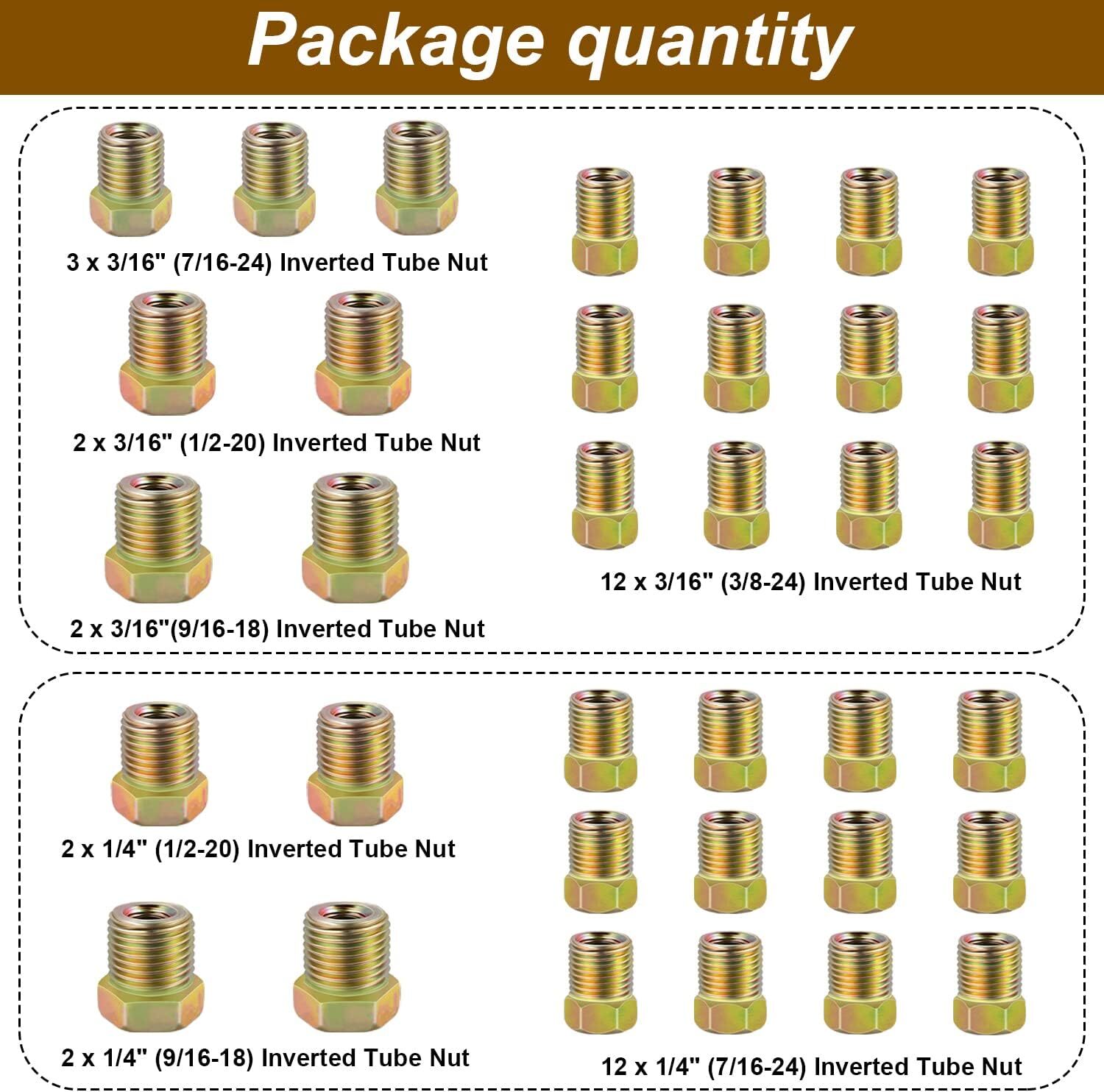 35pcs Brake Line Fitting Nuts Kit For Inverted Flares On 3/16 And 1/4 Tube