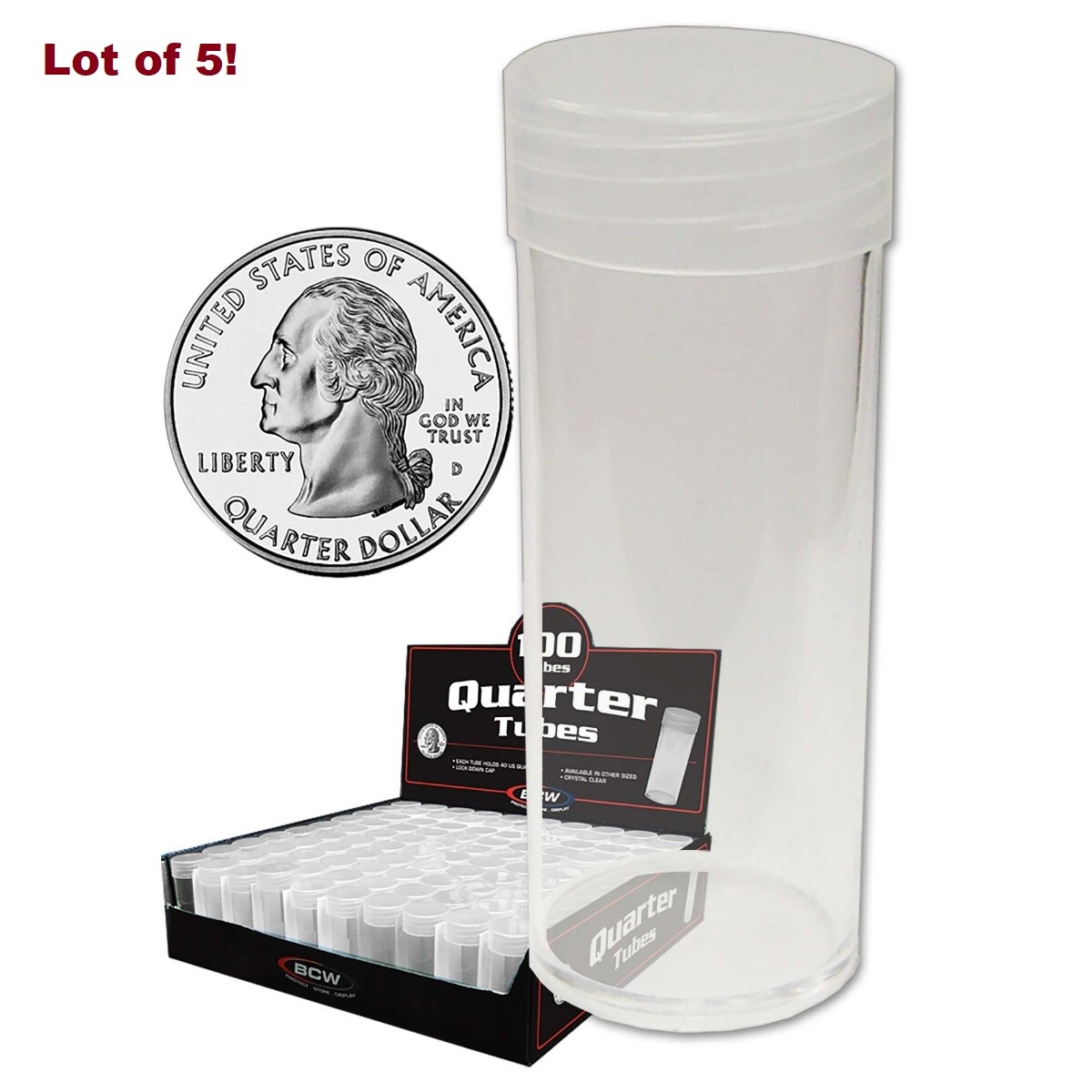 BCW Quarter Tubes - New - Lot of 5 - Screw-down Cap Crystal Clear