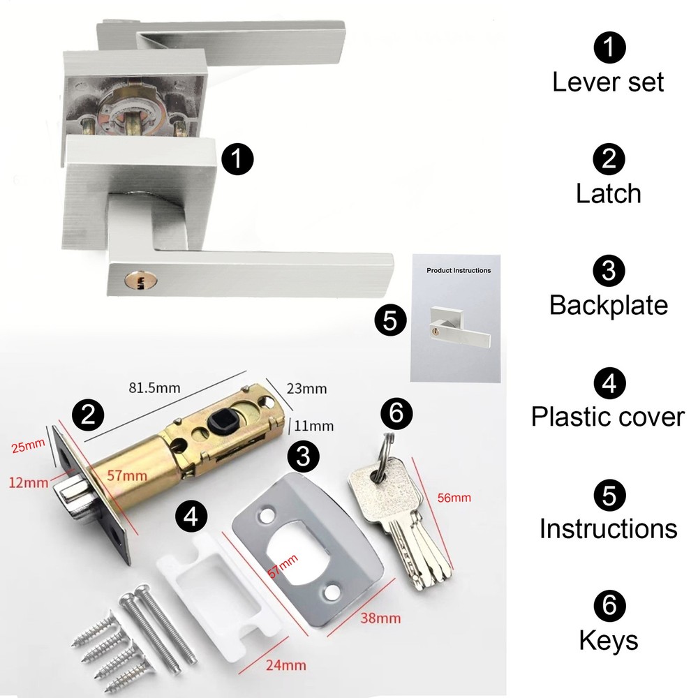 12pcs Silver Square Door Lever Handle Privacy Passage Interior Lock