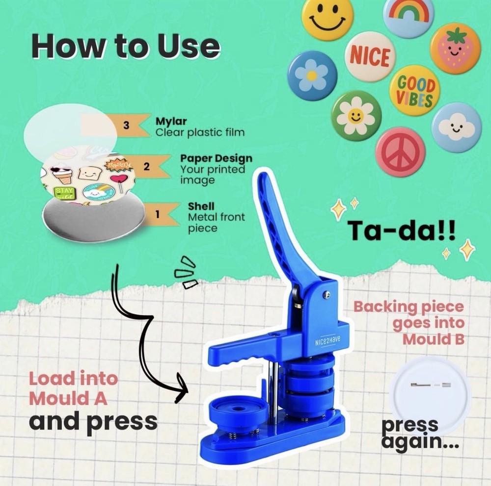 Button Maker Machine – 2.25 Inch (58mm) – Single Mold, Pin Maker Machine Kit wit
