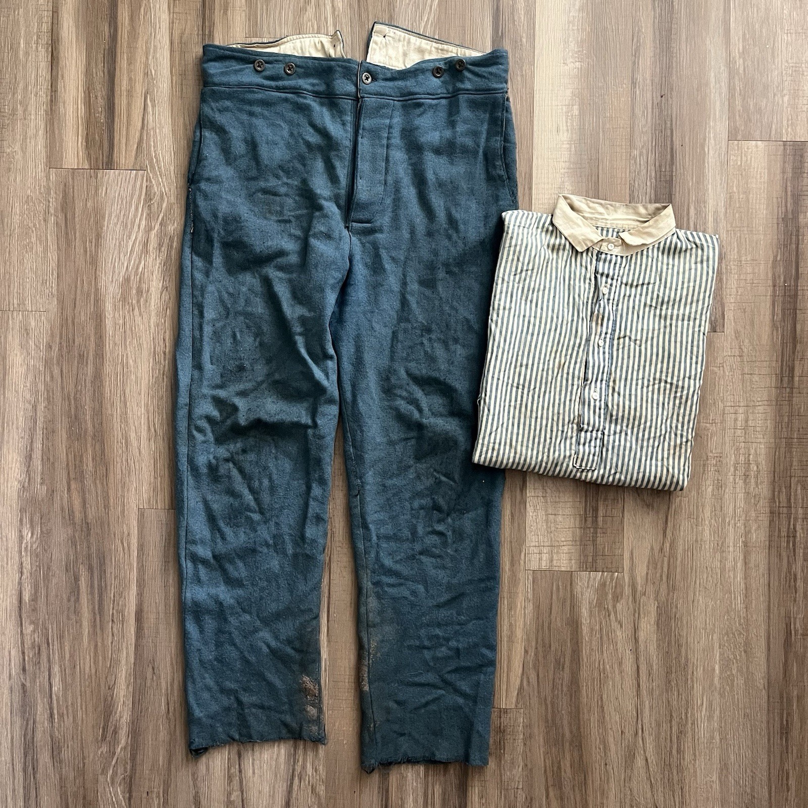 Vintage Repro Civil War Uniform Union Wool Trousers Sky Blue & Striped Shirt