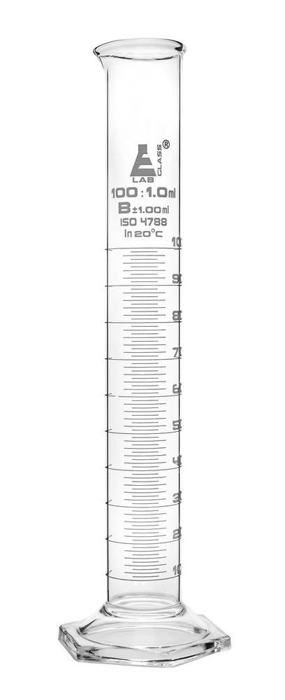 Eisco Labs 100ml Graduated Cylinder, Class B - White Graduations, Hexagonal Base