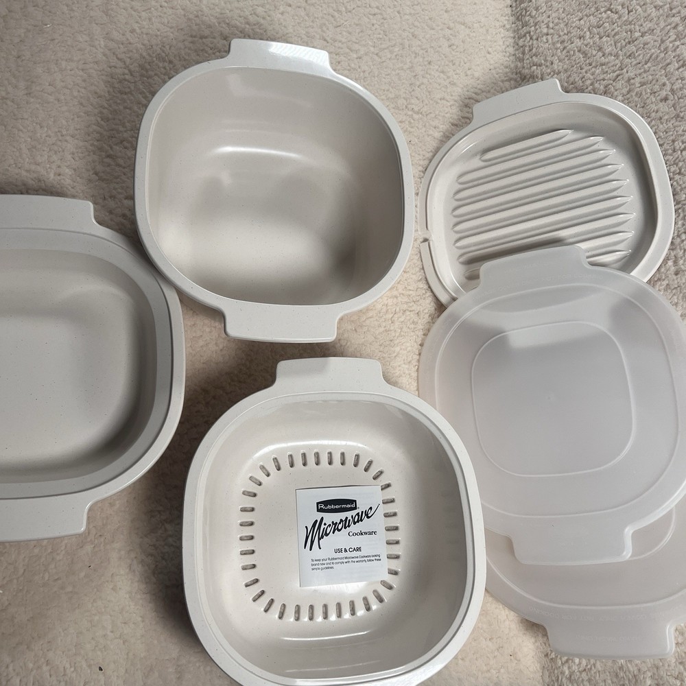 Rubbermaid Microwave Cookware 7 Piece Set White Space Saving Stackable Vintage