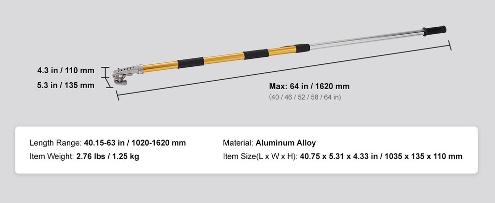 Drywall Flat Box Handle 40-64'' Anodized Al 5-Section Length Adjustable Non-Slip