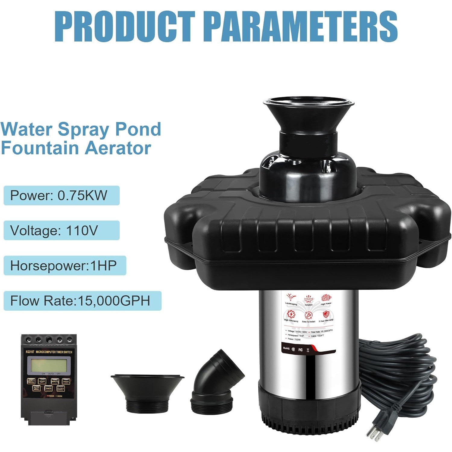1HP 15000GPH Pond Fountain Aerator 750W Pond Fountain Floating Aerator Pump