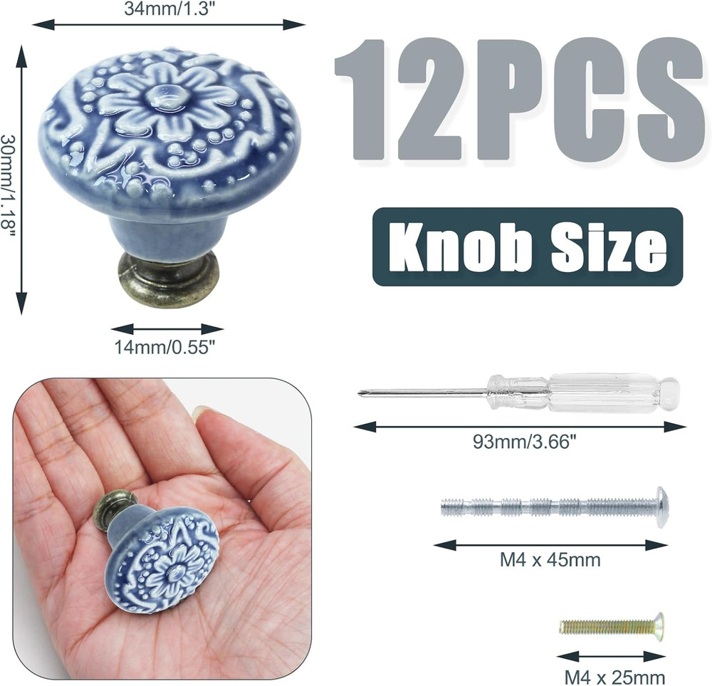 12 Pcs Light Blue Vintage Round Ceramic Cabinet Knobs and Pulls for Drawer, Cupb