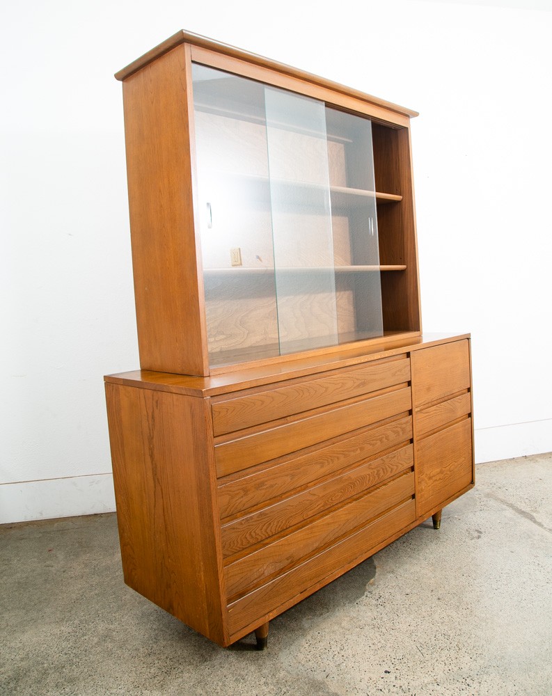 Mid Century Modern China Cabinet 3 Drawers Solid Wood MCM Vintage Hutch Glass