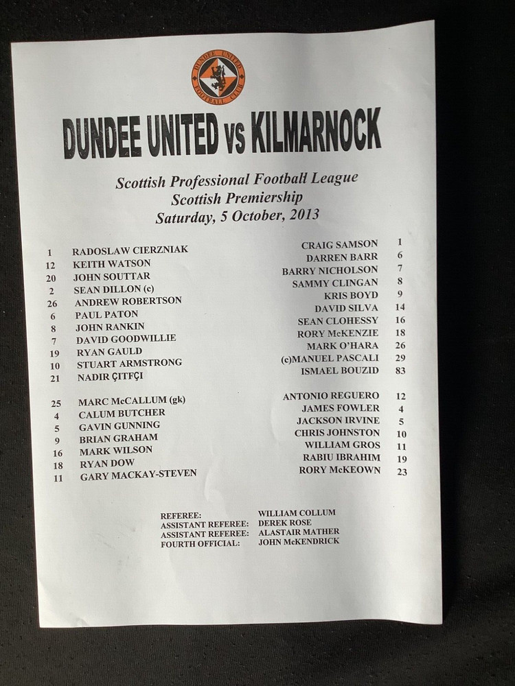 2013/14 Dundee Utd v Kilmarnock October teamsheet
