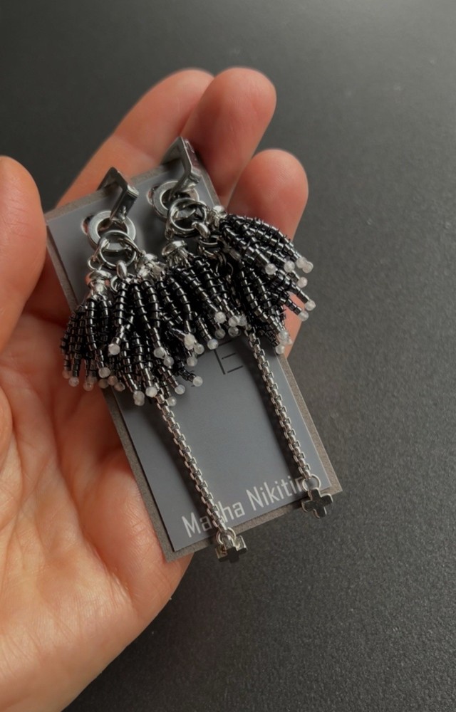 Handcrafted Beaded Dangle Earrings, Black Silver Tone