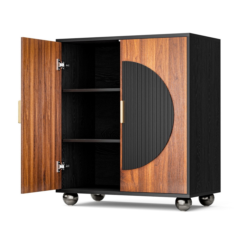 Fluted Sideboard Cabinet with Storage Solid Wood Buffet Corner Cabinet Walnut