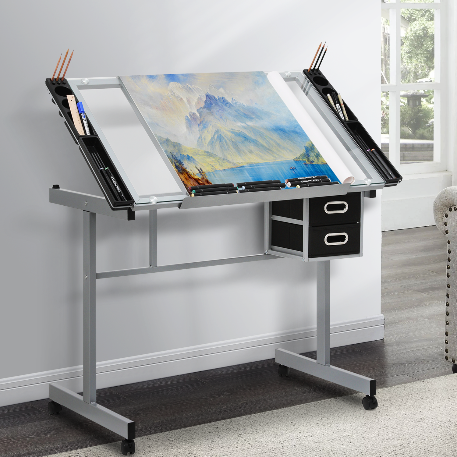Adjustable Rolling Drafting Table Tempered Glass Tabletop Painting Work Station