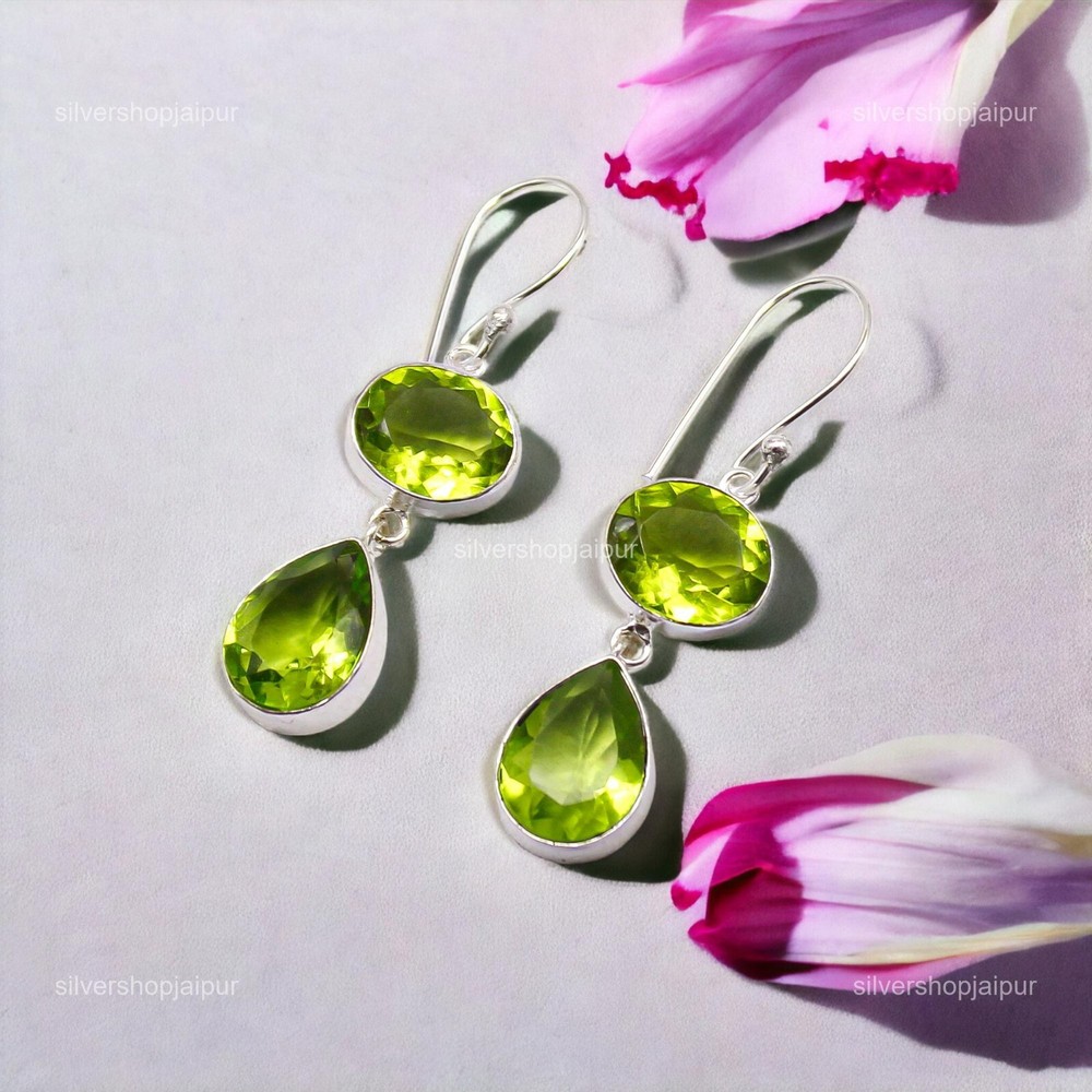 August Birth PERIDOT Stone Dangling Daughter Hook Boho Earrings 925 Solid Silver