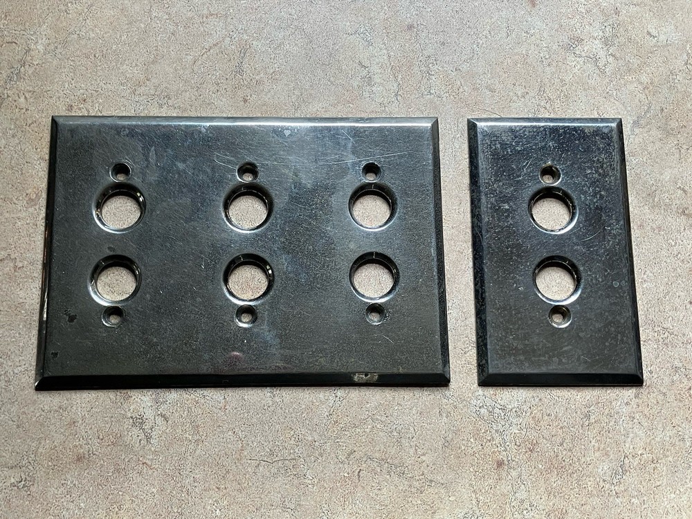 (2) Vtg Antique Silver Chrome Plate Push Button Light Switch Wall Cover