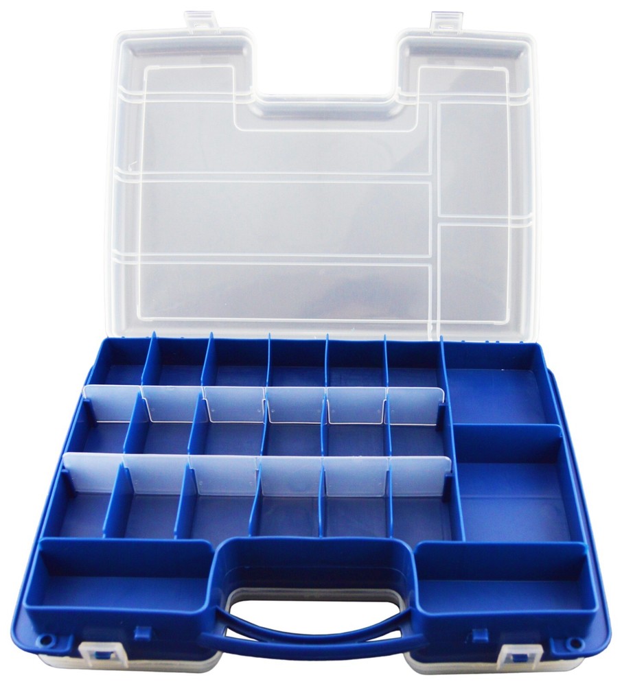 Portable Hobby Storage Box with Latching Lid & Handle, 2 Sided, 14 Compartments