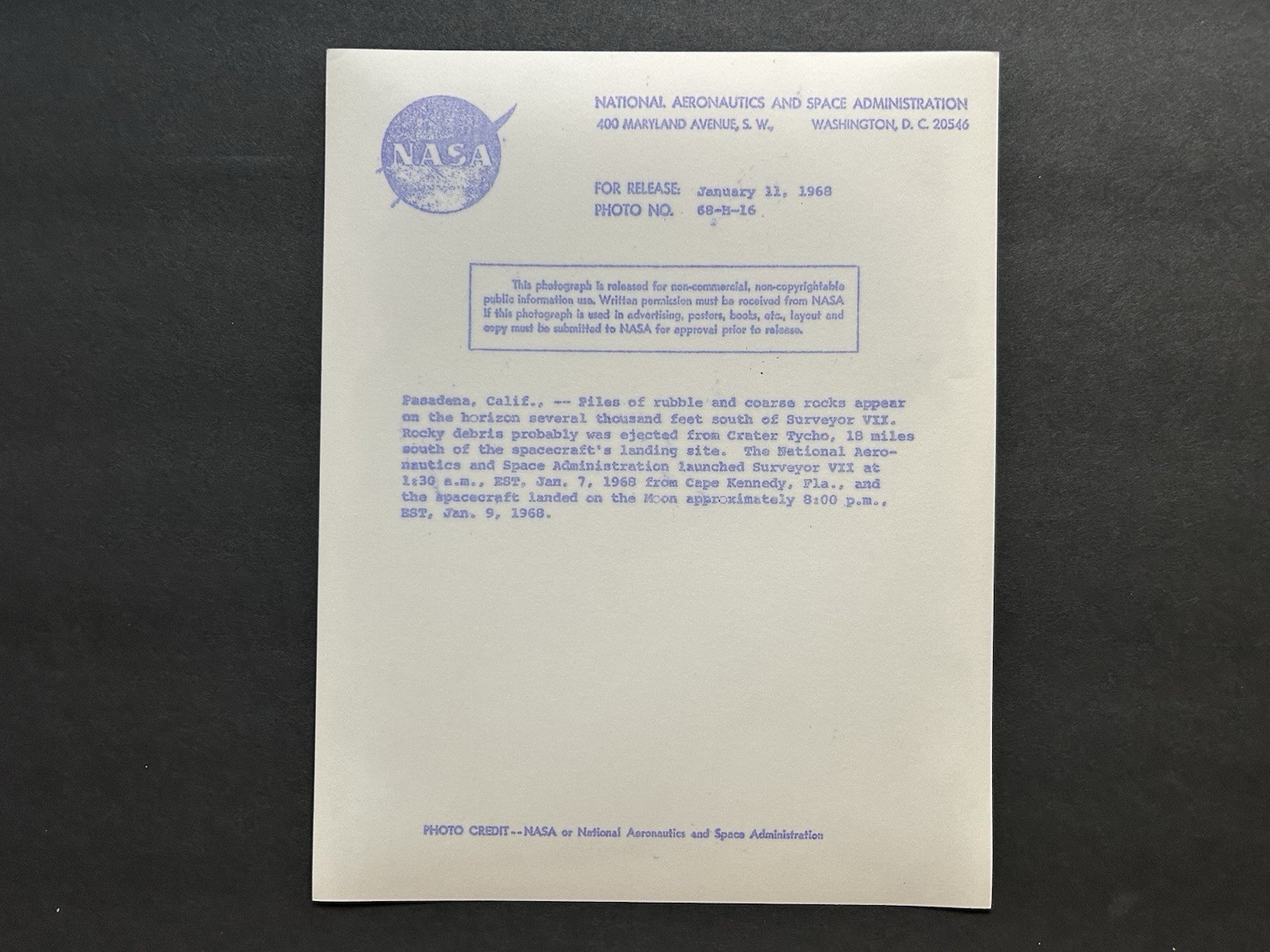 1968 NASA “Moon Surface Piles of Rubble Rocks” Surveyor VII Camera” Photograph