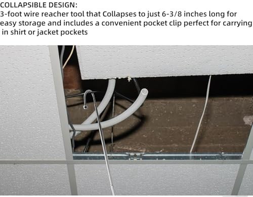 Telescoping Wire Reacher Pole 3ft, Collapsible 36" Length, Storage Clip & Hook,