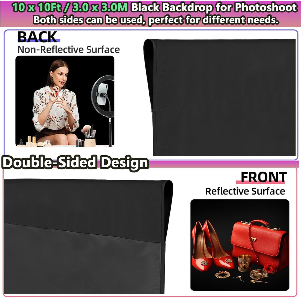 Black Backdrop 10 X 10 Ft, Solid Black Photo Backdrop, High Density Polyester...
