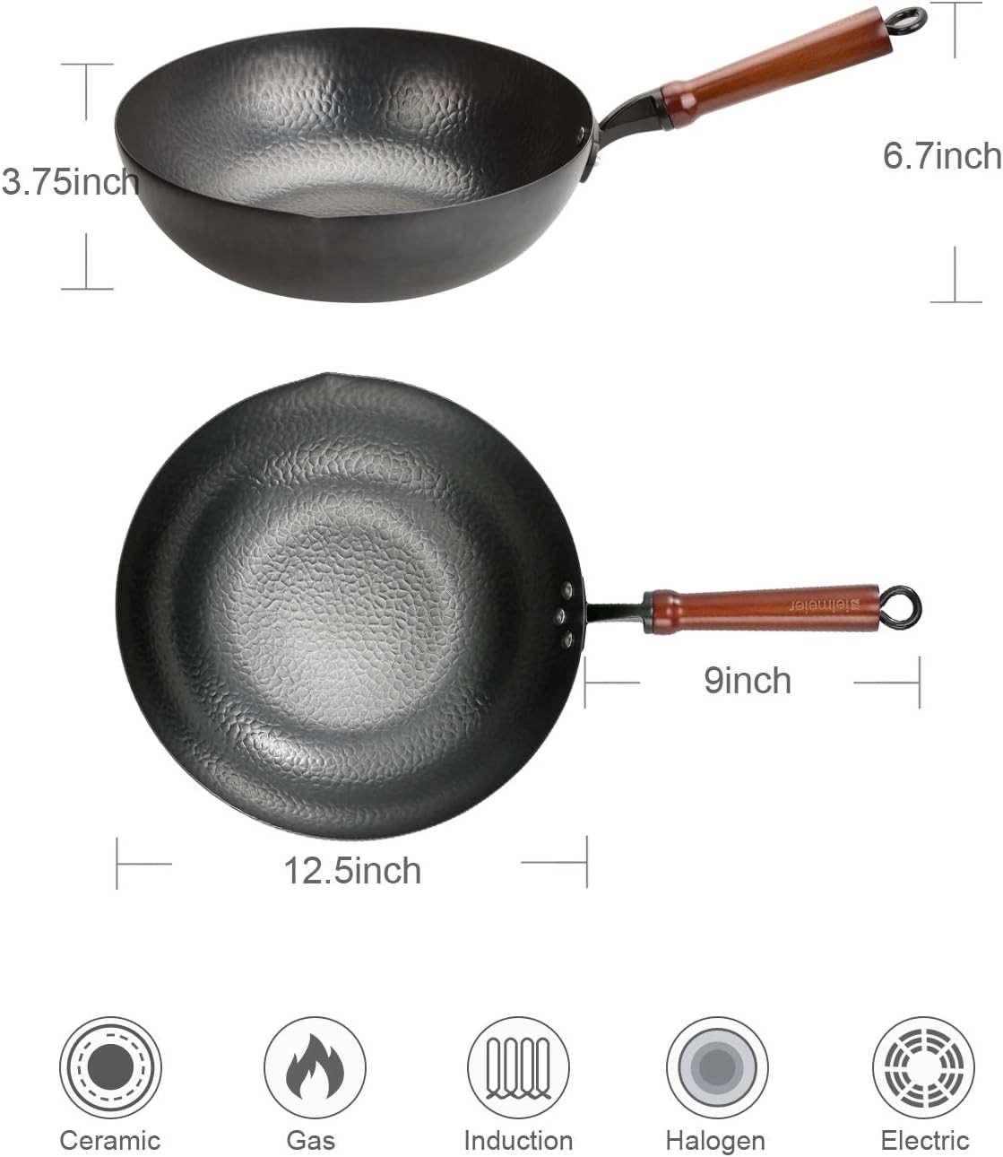 12.5", Woks and Stir Fry Pans with lid, Carbon Steel Wok Cookware Accessories