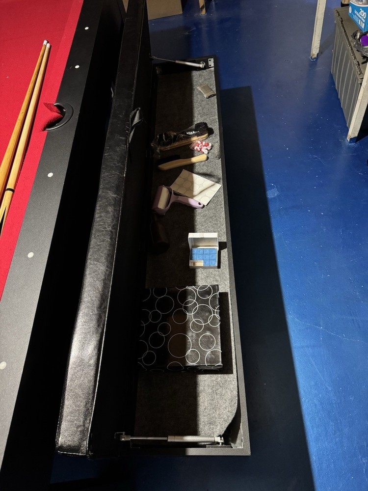 Red Felt Billiard Table with Storage Compartments and Accessories