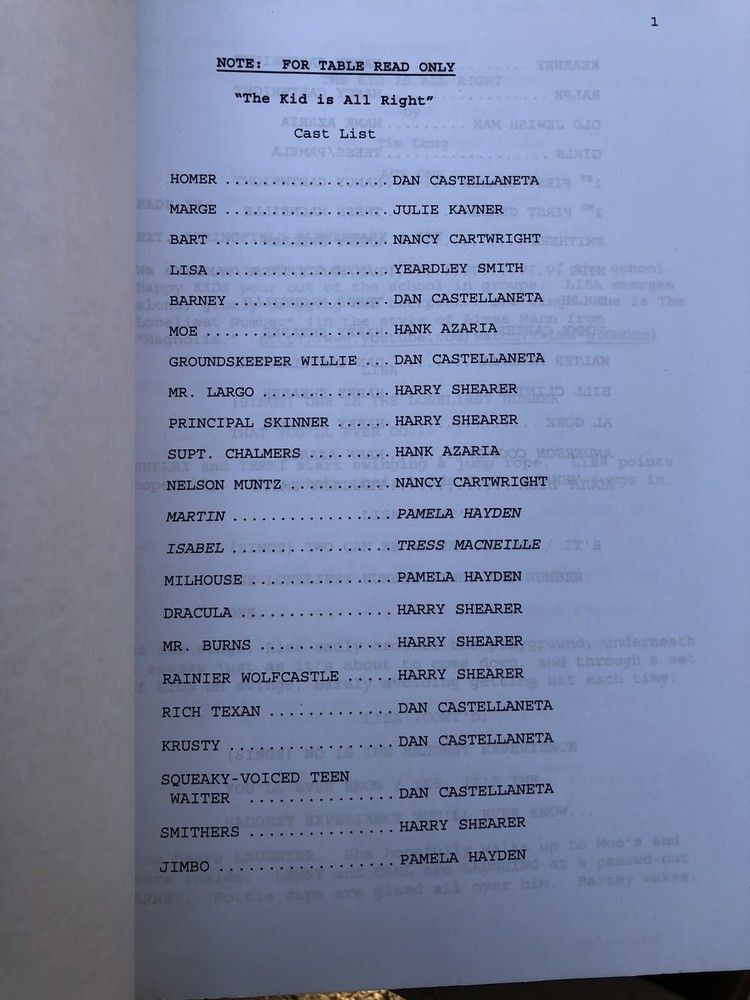 The Simpsons The Kid Is All Right 2013 Table Draft Production Script No SABF02