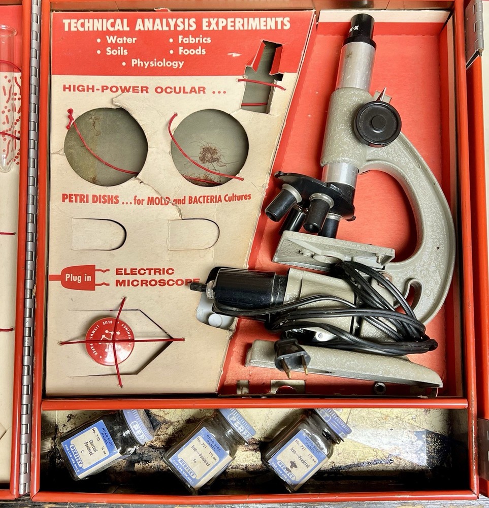 VINTAGE PORTER LABCRAFT EXPERIMENTAL LAB # 140 METAL CASE PYREX TUBES MICROSCOPE