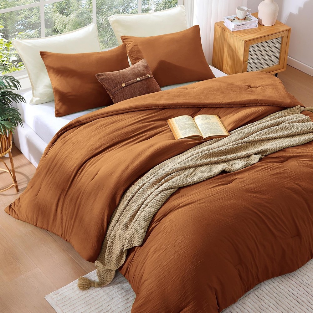 WRENSONGE Queen Comforter Set - 3 Pieces Prewashed Burnt Orange Comforter Sof...