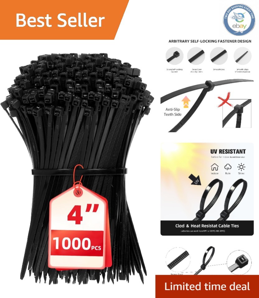 1000 Pack 4-Inch Self-Locking Nylon Zip Ties - 18 lbs Strength for Versatile Use