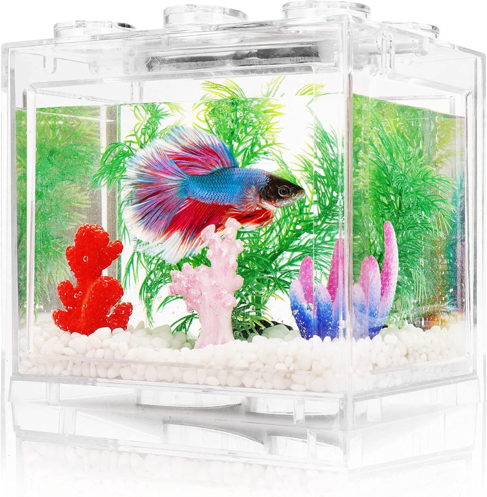 Small Betta Fish Tank, Aquarium Tank Kit with LED Lighting, 0.6 Gallon Stackable